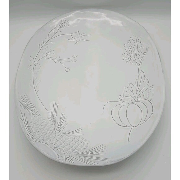 Sur La Table Platter Oval Embossed Pumpkin White Pine Branch Cone